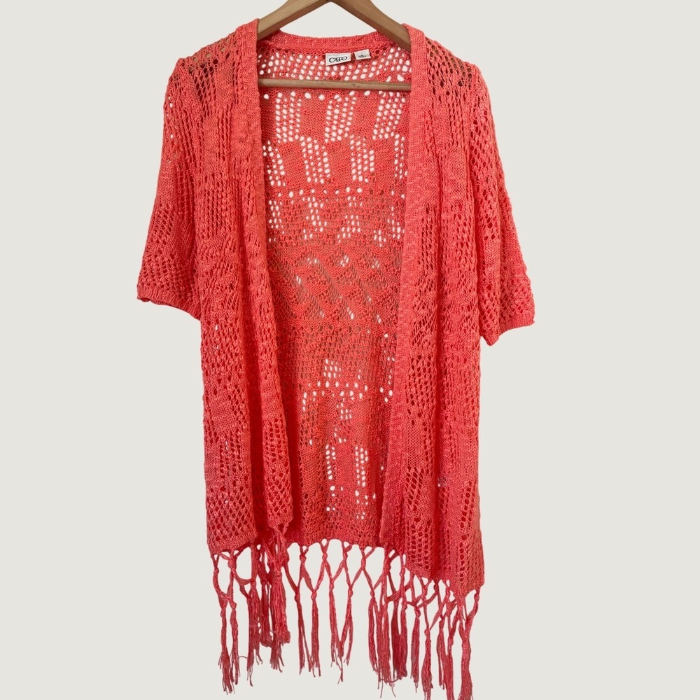 Cato Womens Coral Pink Crochet Open Front Cardigan Fringe Hem M Boho Festival